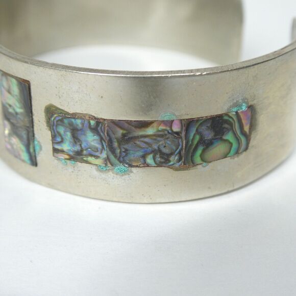 Cuff Bracelet Abalone Mother of Pearl Inlay Vintage Mexico Silver - Picture 3 of 9